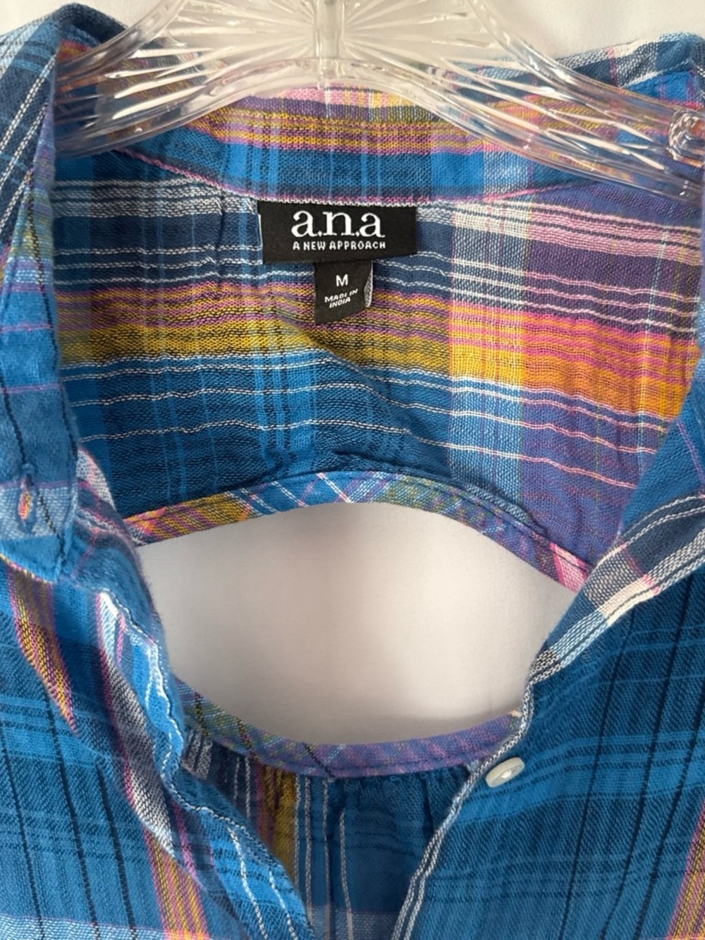 a.n.a Women's Blue Plaid Button-Down Shirt with Multicolor Stripes